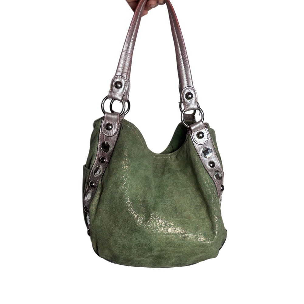 Vintage Y2K Kathy Van Zeeland Green Faux Suede Gold Shimmer Hobo Bag Studded